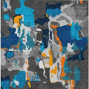 Photo of Charcoal Copper And Teal Blue Abstract Washable Indoor Outdoor Area Rug