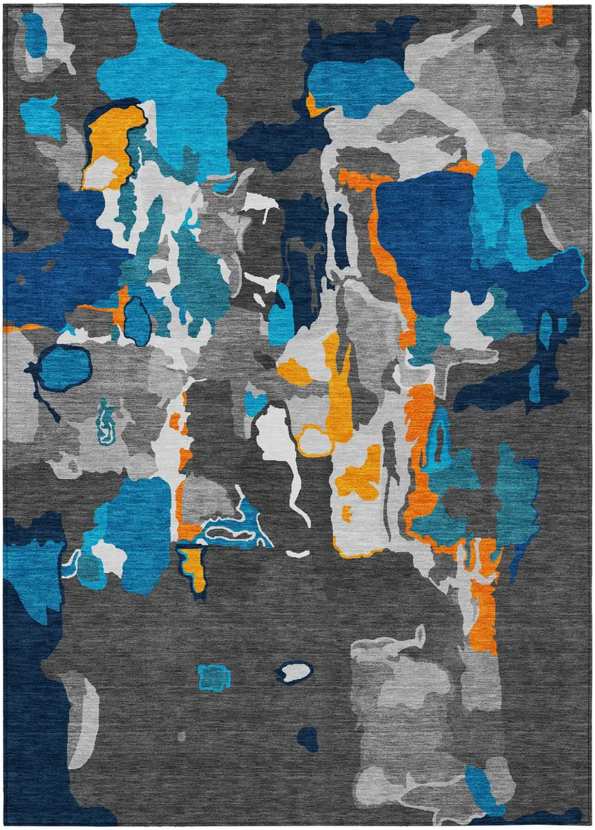 Charcoal Copper And Teal Blue Abstract Washable Indoor Outdoor Area Rug Photo 2