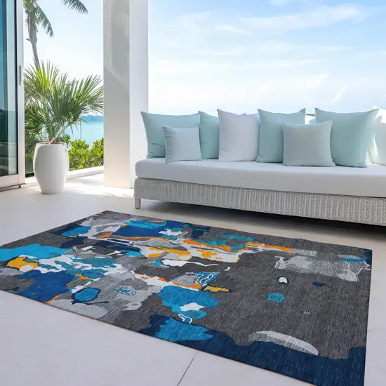 Charcoal Copper And Teal Blue Abstract Washable Indoor Outdoor Area Rug Photo 9