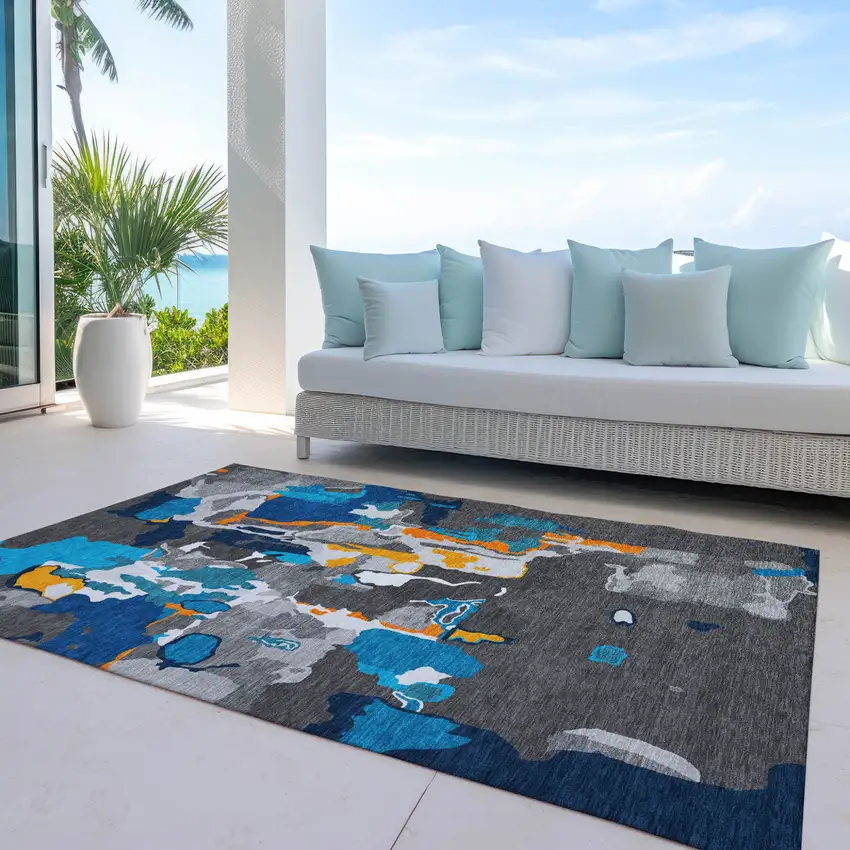 Charcoal Copper And Teal Blue Abstract Washable Indoor Outdoor Area Rug Photo 9