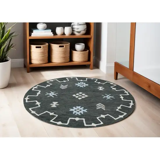 5' Charcoal Round Wool Hand Hooked Handmade Area Rug Photo 1