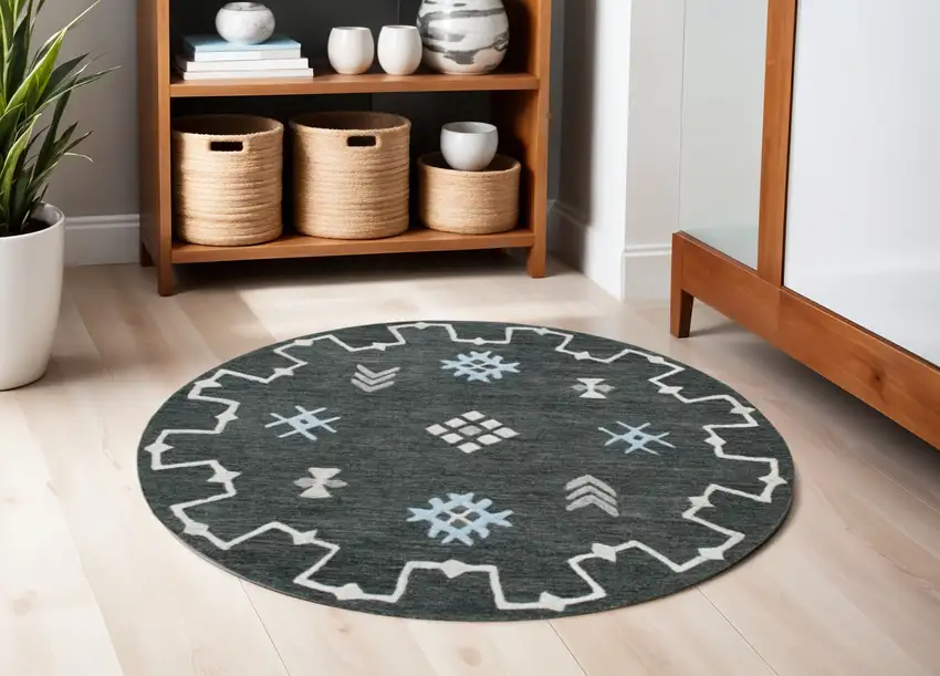 5' Charcoal Round Wool Hand Hooked Handmade Area Rug Photo 1