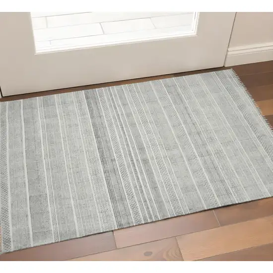 Ivory Black And Gray Geometric Flatweave Handmade Distressed Area Rug With Fringe Photo 1
