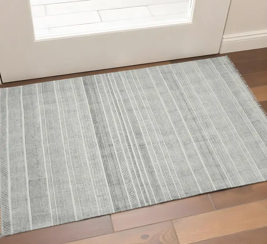 Ivory Black And Gray Geometric Flatweave Handmade Distressed Area Rug With Fringe Photo 1