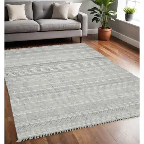 Ivory Black And Gray Geometric Flatweave Handmade Distressed Area Rug With Fringe Photo 1