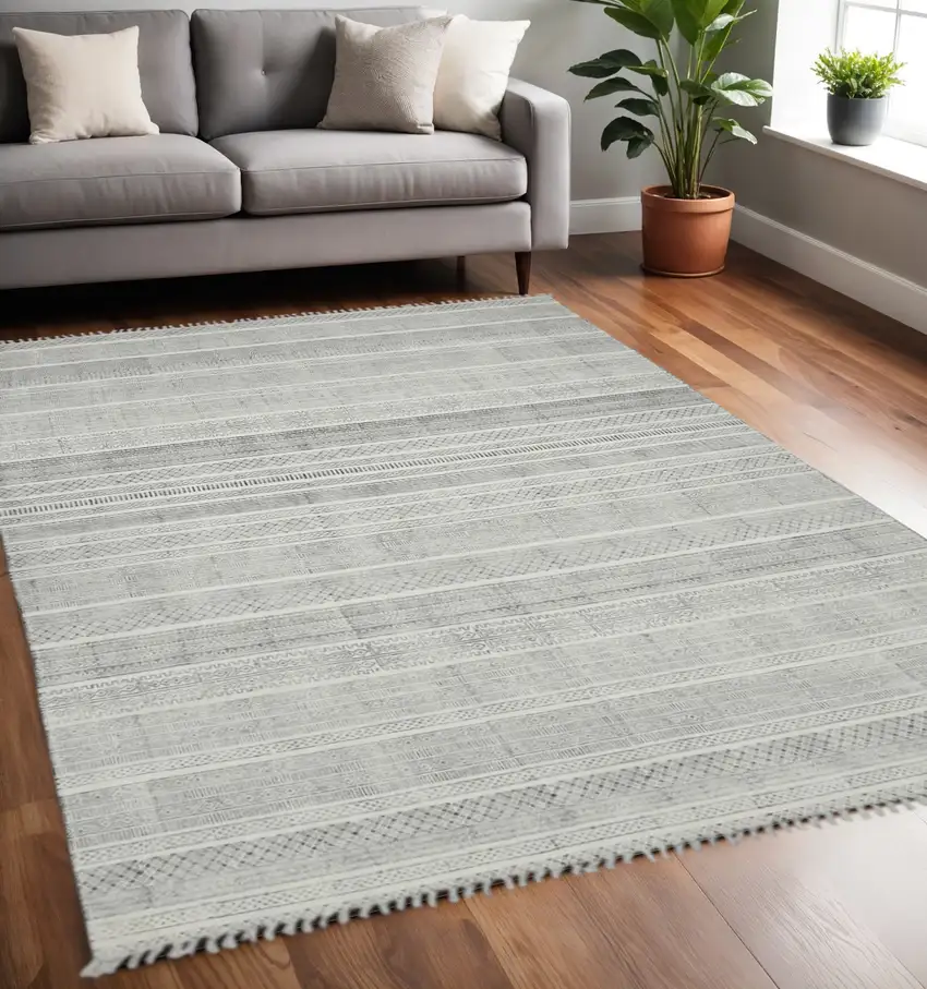 Ivory Black And Gray Geometric Flatweave Handmade Distressed Area Rug With Fringe Photo 1