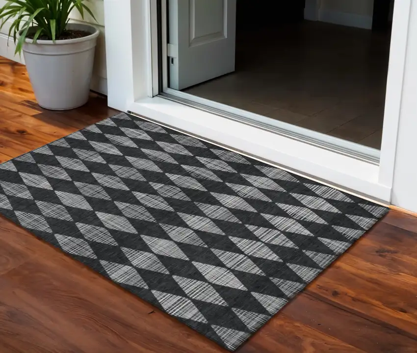 Charcoal Geometric Washable Non Skid Indoor Outdoor Area Rug Photo 1