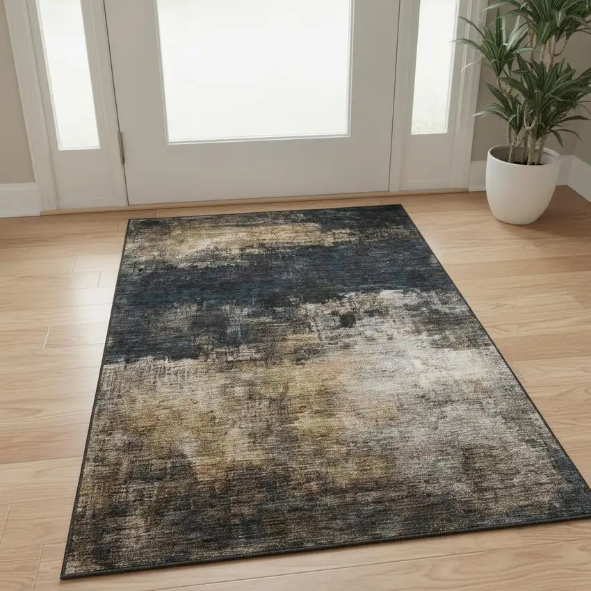 Charcoal Gold And Beige Abstract Washable Area Rug With UV Protection Photo 2