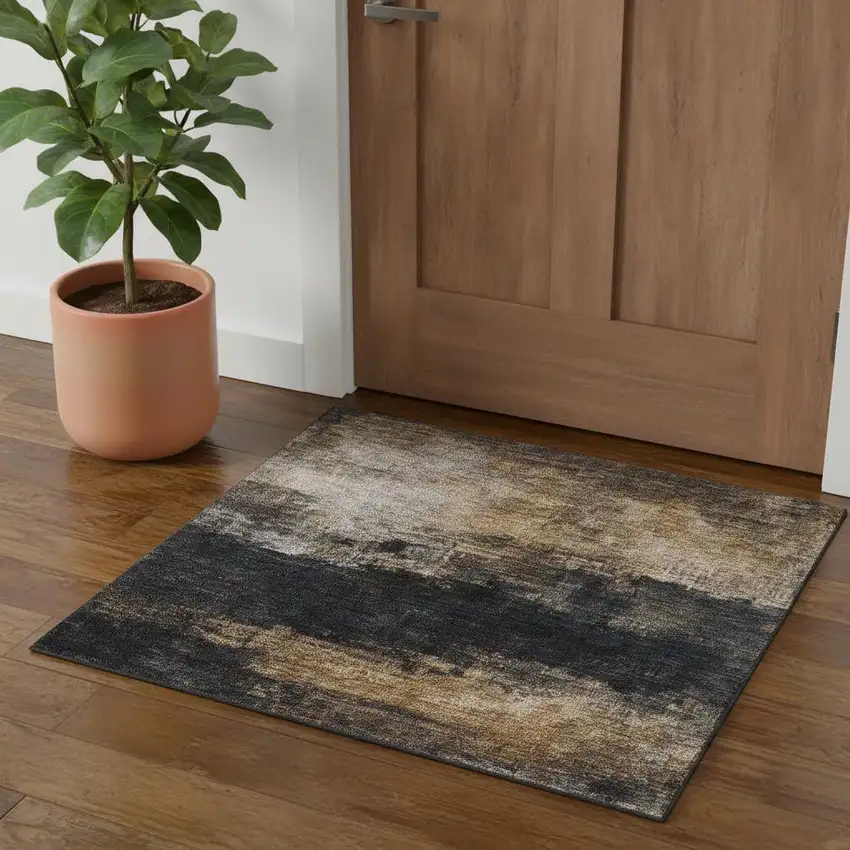 Charcoal Gold And Beige Abstract Washable Area Rug With UV Protection Photo 1