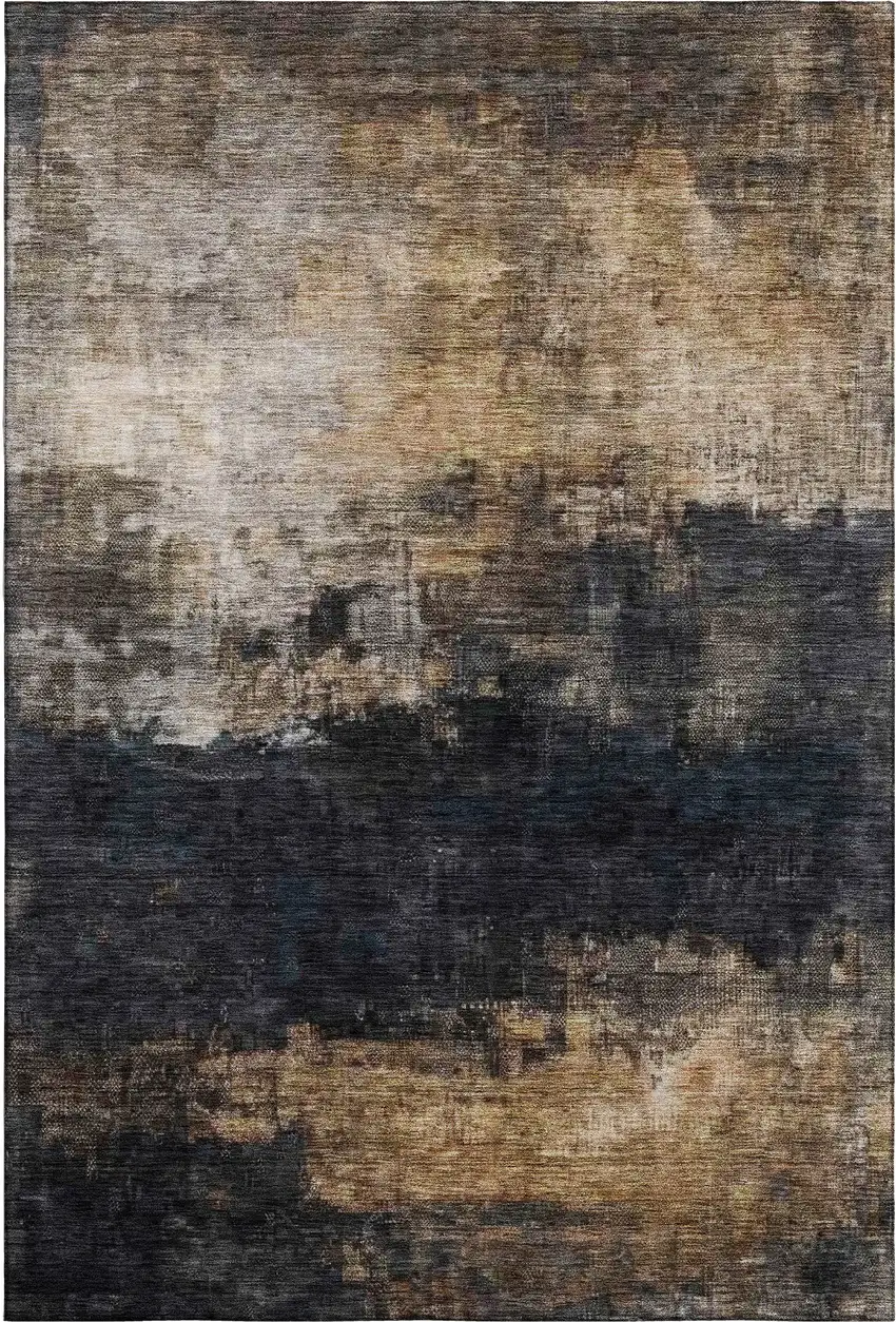 Charcoal Gold And Beige Abstract Washable Area Rug With UV Protection Photo 1