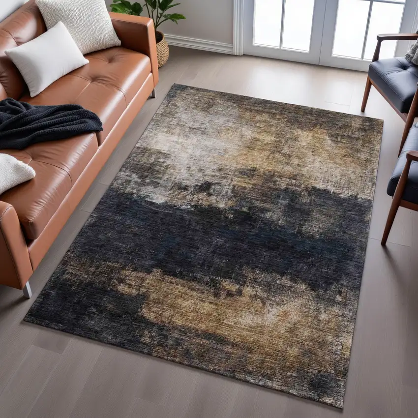 Charcoal Gold And Beige Abstract Washable Area Rug With UV Protection Photo 4