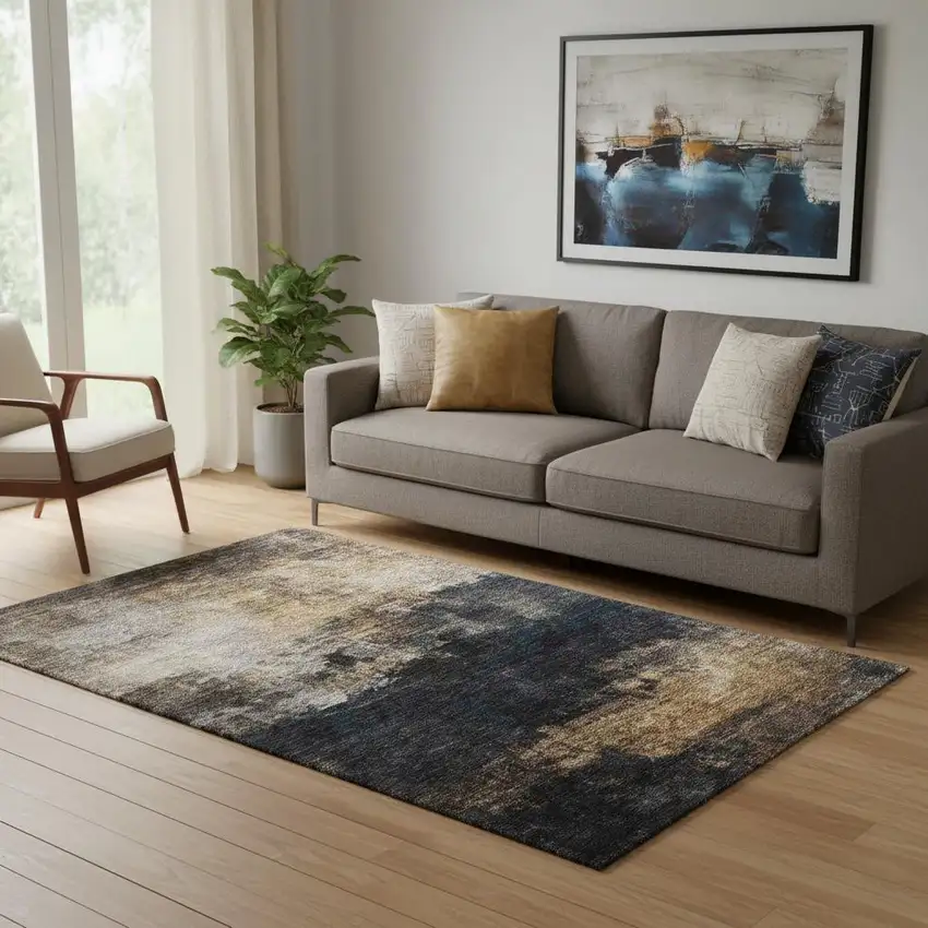 Charcoal Gold And Beige Abstract Washable Area Rug With UV Protection Photo 2