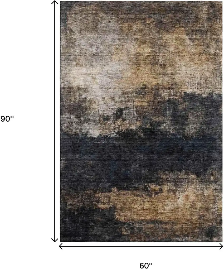 Charcoal Gold And Beige Abstract Washable Area Rug With UV Protection Photo 9