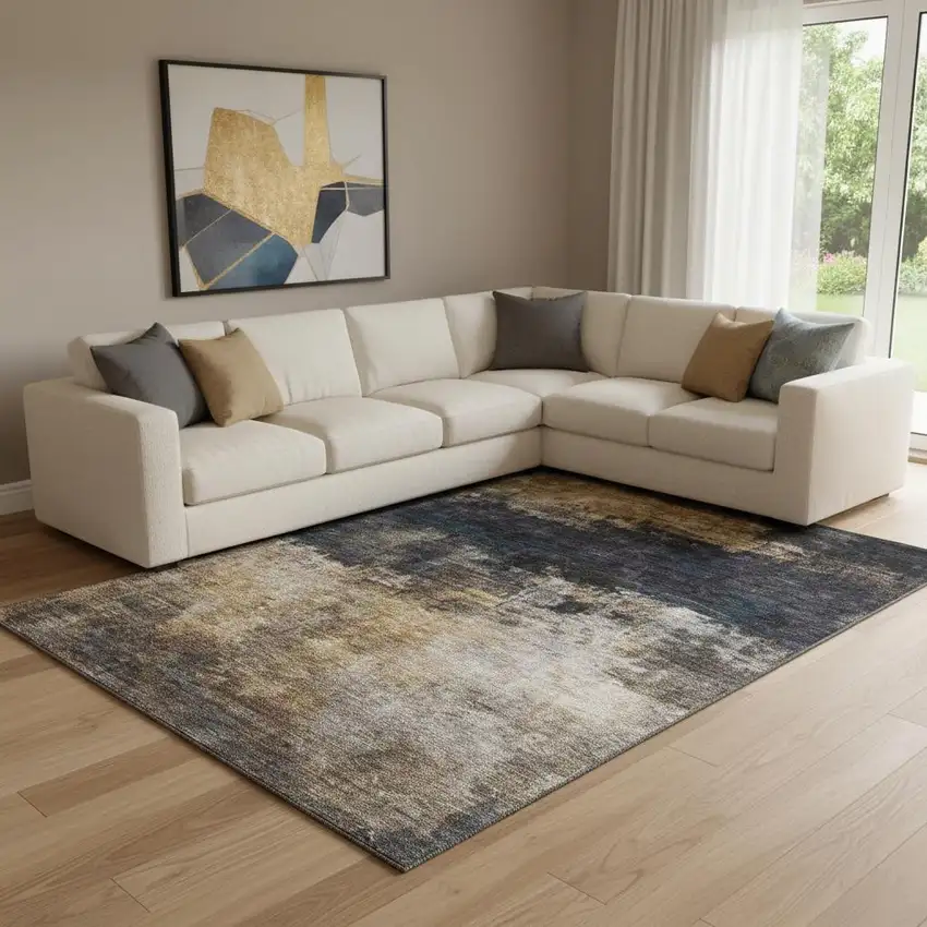 Charcoal Gold And Beige Abstract Washable Area Rug With UV Protection Photo 2