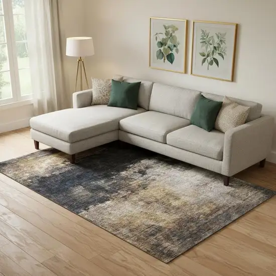 Charcoal Gold And Beige Abstract Washable Area Rug With UV Protection Photo 2