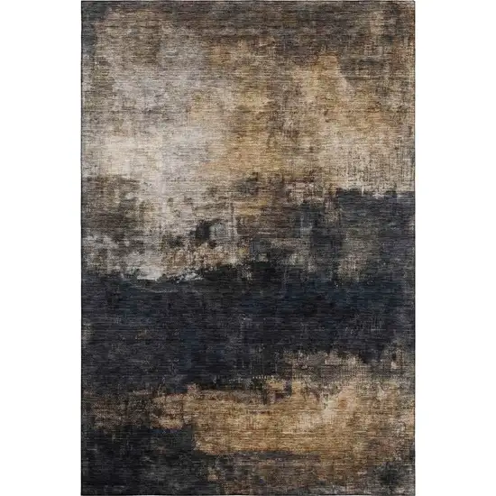 Charcoal Gold And Beige Abstract Washable Area Rug With UV Protection Photo 1