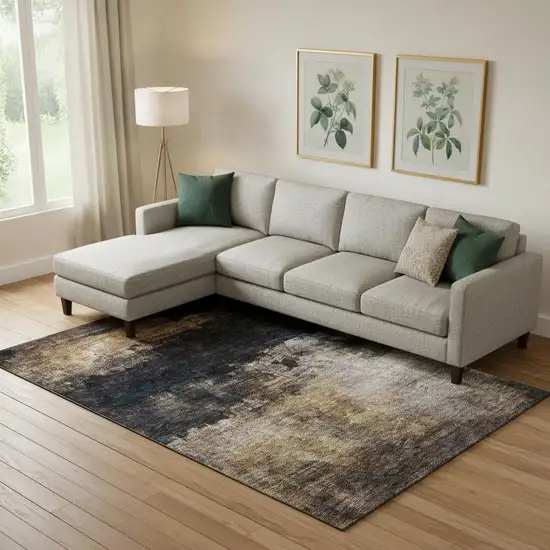 Charcoal Gold And Beige Abstract Washable Area Rug With UV Protection Photo 2