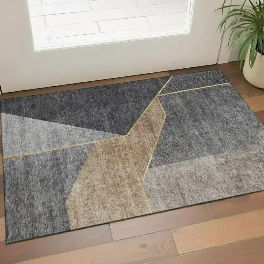 Charcoal Gold And Brown Geometric Washable Area Rug With UV Protection Photo 1