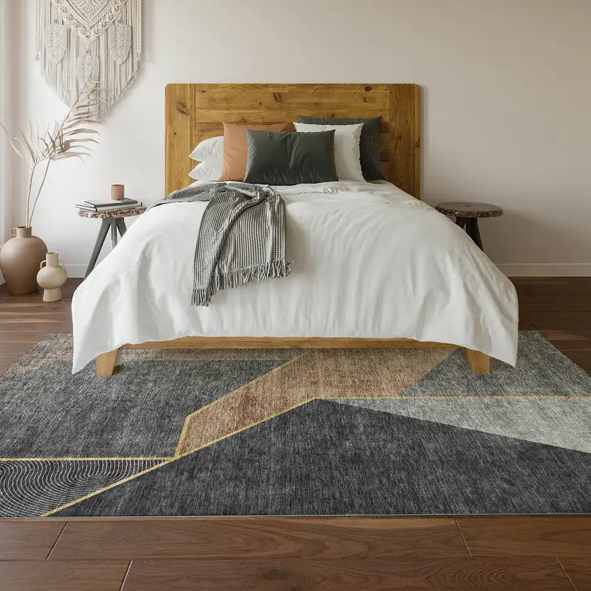 Charcoal Gold And Brown Geometric Washable Area Rug With UV Protection Photo 6