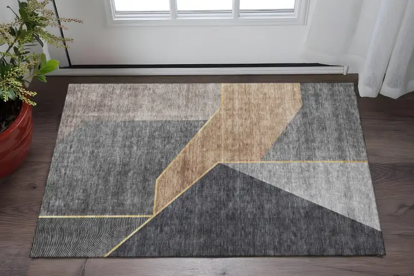 Charcoal Gold And Brown Geometric Washable Area Rug With UV Protection Photo 2