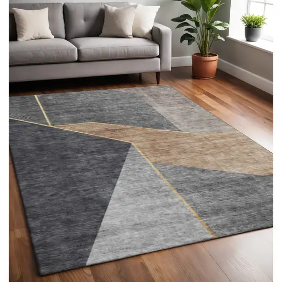 Charcoal Gold And Brown Geometric Washable Area Rug With UV Protection Photo 2