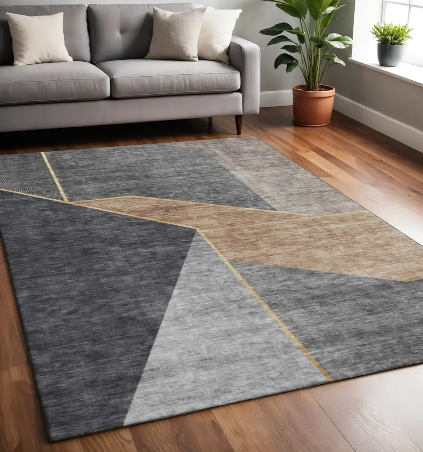 Charcoal Gold And Brown Geometric Washable Area Rug With UV Protection Photo 2