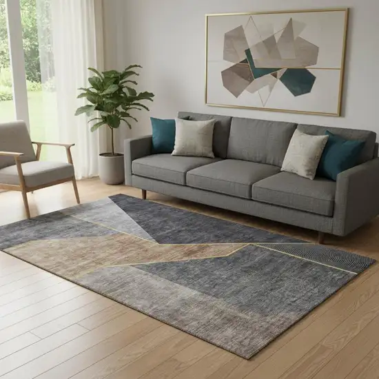 Charcoal Gold And Brown Geometric Washable Area Rug With UV Protection Photo 1