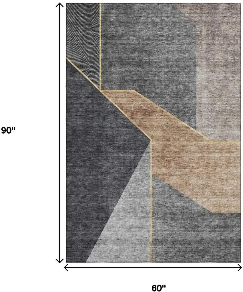 Charcoal Gold And Brown Geometric Washable Area Rug With UV Protection Photo 3