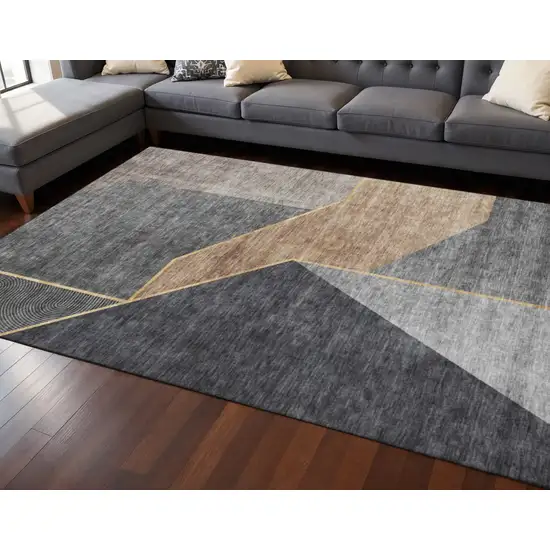 Charcoal Gold And Brown Geometric Washable Area Rug With UV Protection Photo 2