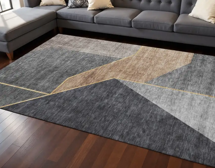 Charcoal Gold And Brown Geometric Washable Area Rug With UV Protection Photo 2