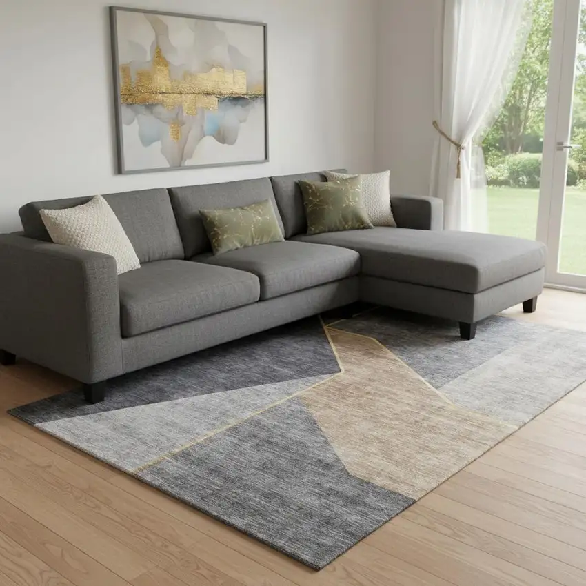 Charcoal Gold And Brown Geometric Washable Area Rug With UV Protection Photo 1