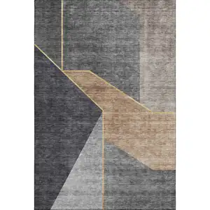 Photo of Charcoal Gold And Brown Geometric Washable Area Rug With UV Protection