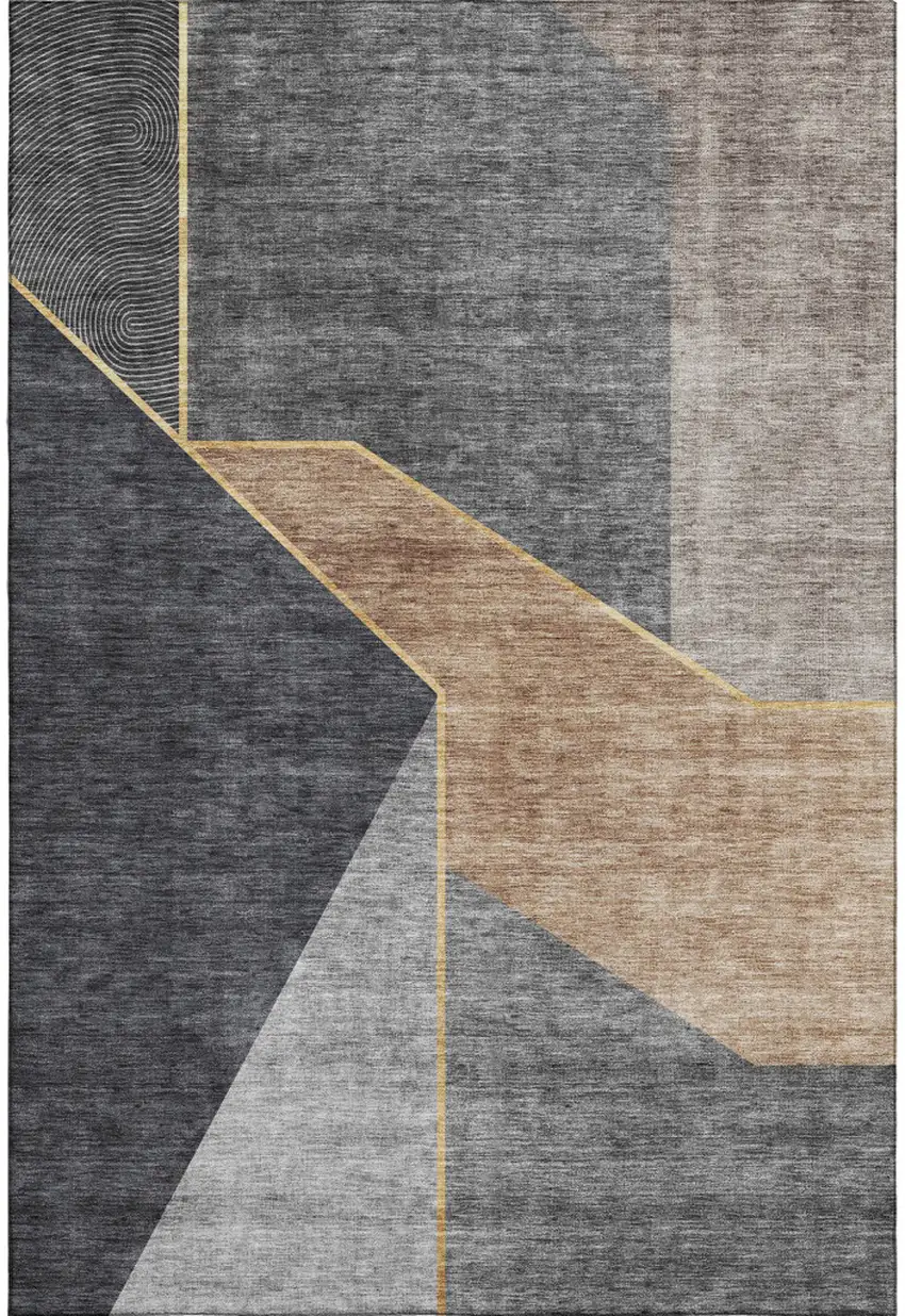 Charcoal Gold And Brown Geometric Washable Area Rug With UV Protection Photo 1