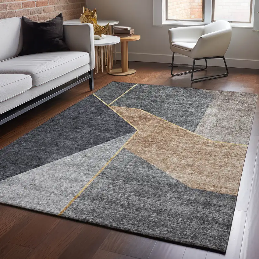 Charcoal Gold And Brown Geometric Washable Area Rug With UV Protection Photo 4