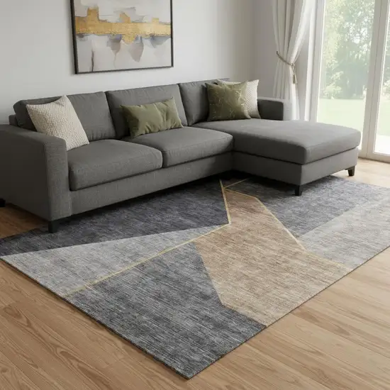 Charcoal Gold And Brown Geometric Washable Area Rug With UV Protection Photo 1