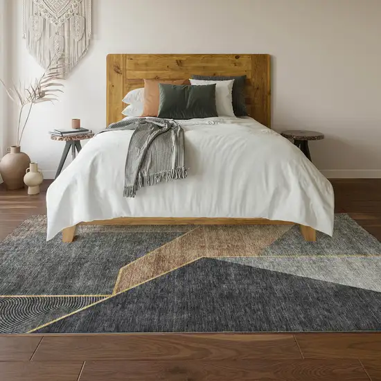 Charcoal Gold And Brown Geometric Washable Area Rug With UV Protection Photo 5