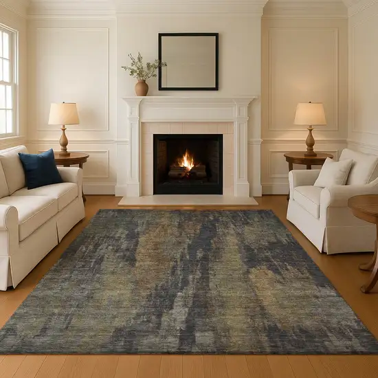 Charcoal Gold And Copper Abstract Washable Area Rug With UV Protection Photo 4