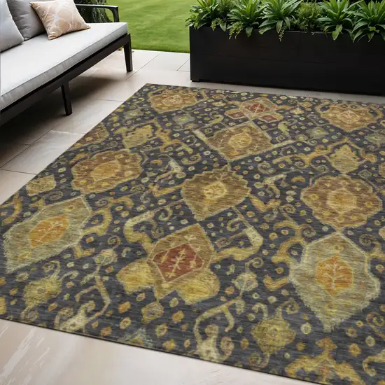 Charcoal Gold And Copper Ikat Washable Indoor Outdoor Area Rug Photo 1
