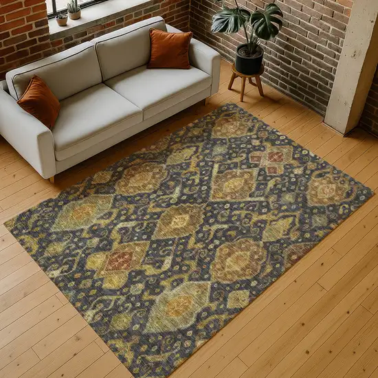 Charcoal Gold And Copper Ikat Washable Indoor Outdoor Area Rug Photo 9