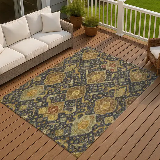 Charcoal Gold And Copper Ikat Washable Indoor Outdoor Area Rug Photo 8
