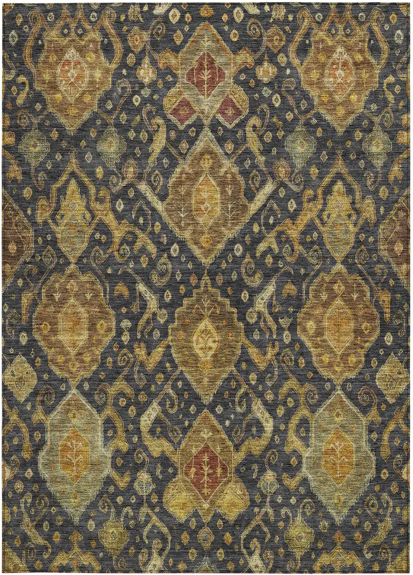 Charcoal Gold And Copper Ikat Washable Indoor Outdoor Area Rug Photo 4