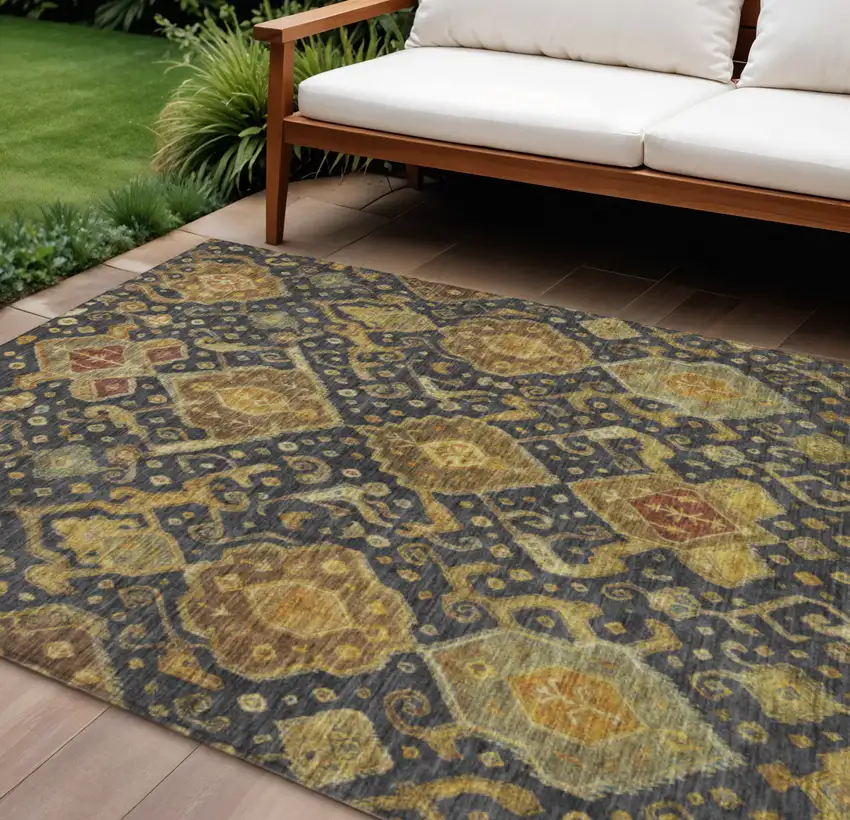 Charcoal Gold And Copper Ikat Washable Indoor Outdoor Area Rug Photo 1