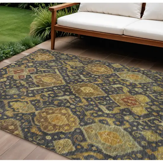 Charcoal Gold And Copper Ikat Washable Indoor Outdoor Area Rug Photo 1