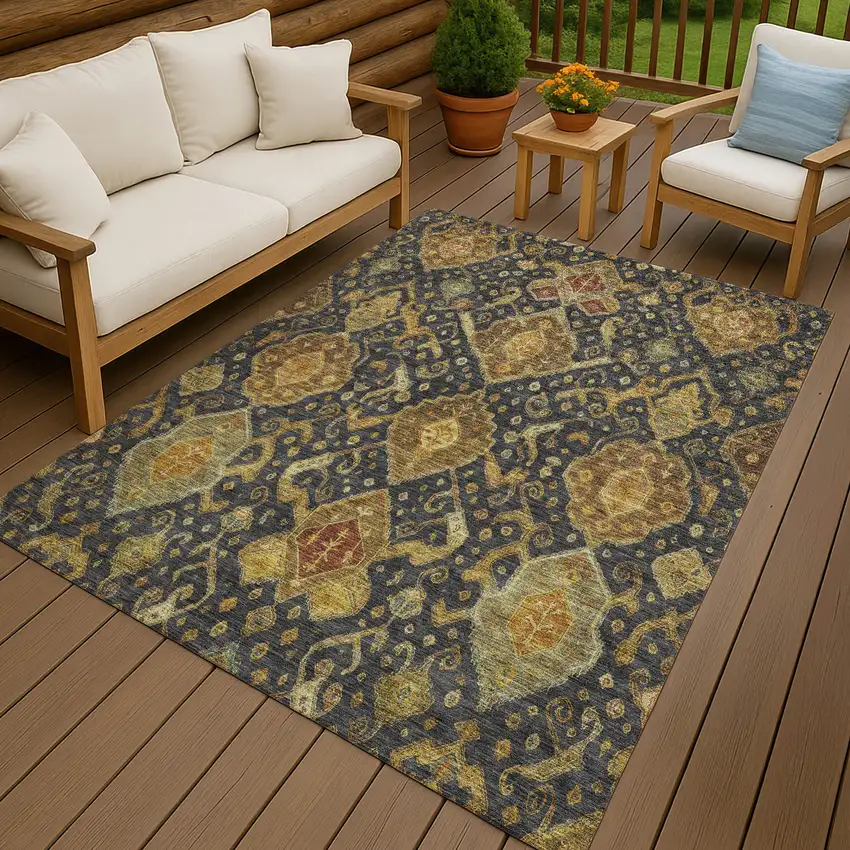 Charcoal Gold And Copper Ikat Washable Indoor Outdoor Area Rug Photo 9