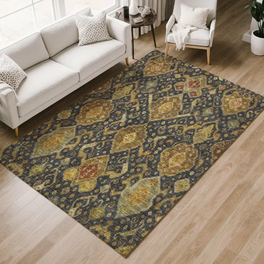 Charcoal Gold And Copper Ikat Washable Indoor Outdoor Area Rug Photo 8