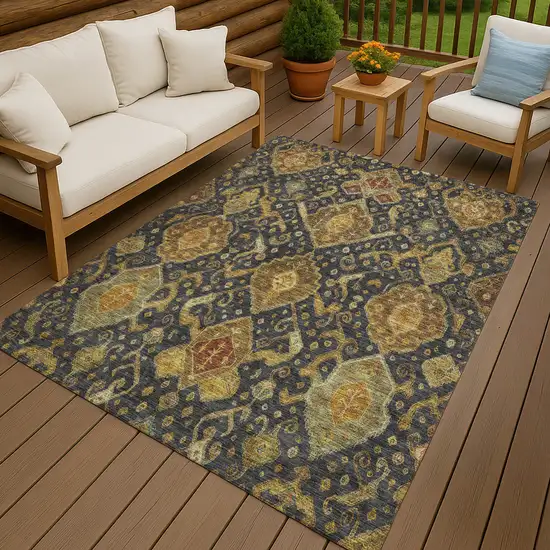Charcoal Gold And Copper Ikat Washable Indoor Outdoor Area Rug Photo 9