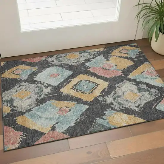 Charcoal Gold And Coral Abstract Geometric Washable Area Rug With UV Protection Photo 2