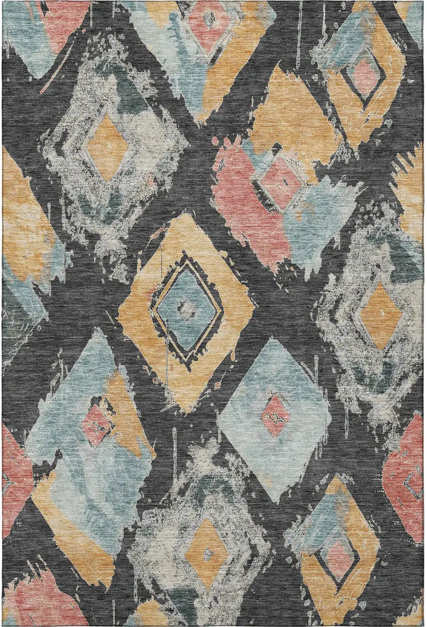 Charcoal Gold And Coral Abstract Geometric Washable Area Rug With UV Protection Photo 2