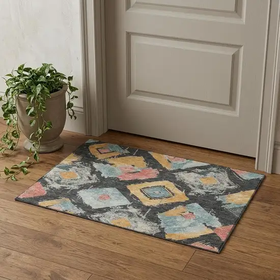 Charcoal Gold And Coral Abstract Geometric Washable Area Rug With UV Protection Photo 1