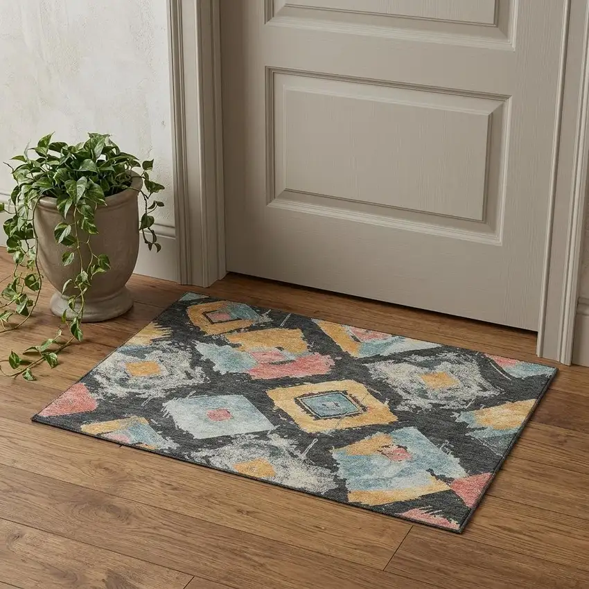 Charcoal Gold And Coral Abstract Geometric Washable Area Rug With UV Protection Photo 1